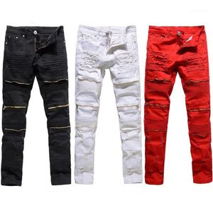 Trendy Men Fashion College Boys Skinny Runway Straight Zipper Denim Pants Destroyed Ripped Jeans Black White Red Jeans1224F