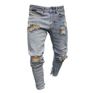 Мужские джинсы Slim Fit Big Hole Pencil Pants New Style High Elastic Summer Street Hip Hop Urban Wind Casual Pants251i