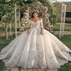 2023 Luxury Ball Gown Wedding Dresses Sexy V Neck Long Sleeves Lace Flower Appliques Sequins Beaded Floor Length Ruffles Custom Ma244c