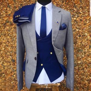 3 Piece Gray Men Suits Formal Wedding Tuxedo Double Breasted Coat Vest Royal Blue Pants Male Fashion Costume258Q