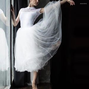 Stage Wear Professionale Adulti Ballerina Balletto di danza Bianco Nero Rosa Maglia di pizzo Tutu lungo Elastico in vita Gonne in tulle Gonna da ballo da donna