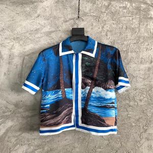 Men's Casual Shirts Men Moon Space Prints Short Sleeve Real Silk Shirt335V
