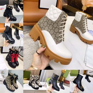 Autumn Winter Designer boots Women's Round Head Old Flower Thick Heel Printed Lace up Thick High Heel Lace Leather Ankle Boots Martin over the knee 35-40