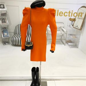 2020 NY DESIGN Women's Stand Collar Puff Long Sleeve Sticked Orange Color Bodycon Tunic Short Dress237e