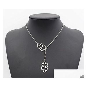 Colares Pingente Moda Tibetano Sier Autismo Jóias Consciência Jigsaw Duplo Puzzle Peça Ajustável Cruz Lariat Colar Presentes Dr Dhkfm