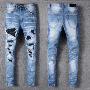 Calças de brim dos homens de luxo strass cristal retalhos luz azul rasgado jeans magro estiramento denim calças hip hop men272w