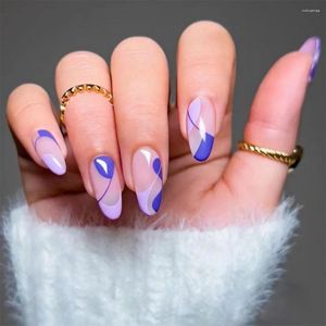False Nails 24Pcs/Set Oval Head Wearing Almond Blue Abstract Line Design Artificial Fake Art Full Cover Press On Nail Tips