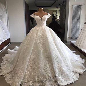 Luxo árabe vestidos de casamento com apliques contas fora do ombro uma linha manga curta vestidos de noiva trem varredura vestido de novia309o