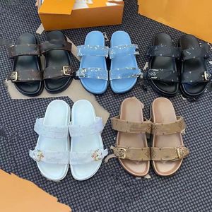 Unisex bom dia platt mule tofflor kvinnor män sommarskor glid på läder glider dubbel remsandal flip flops klassiska brun svart vintage spänne slider35-46 02