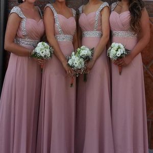 Capped Sweetheart Chiffon Long Bridesmaid Dresses Lace Up 2019 Beaded Party Dress Blush Pink Vestito Damigella Donna337i