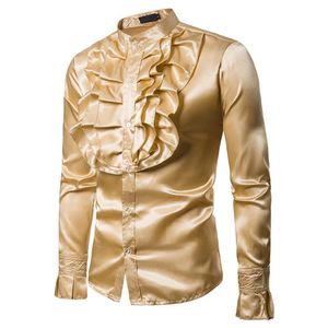 Män ruffle ruche frill middag tuxedo retro 70s skjortor män faux silk satin ruffle shirt topps viktorianska långärmad fancy costume242d