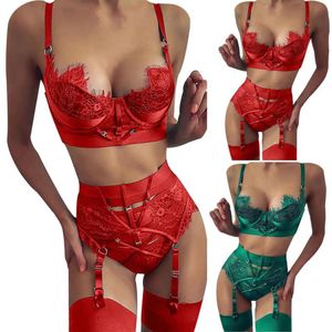 Rosso verde di alta qualità signore sexy lingerie ciglia pizzo cuciture tentazione pigiama cintura porno reggiseni set295n