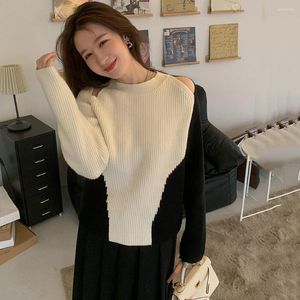 Women's Sweaters Elegant Women Shoulder Cut Out Pullover Korean Style Sexy O-Neck Knit Long Sleeve Sweater Female Casual Color Block