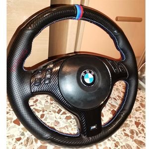 5D Carbon Fiber &Black Hole Leather Hand Sew Wrap Steering Wheel Cover for BMW E46 E39 330i 540i 525i 530i 330Ci M3 2001-2003230H