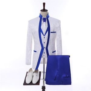 Neues Design 3 Stück Weiß Royal Blue Rim Bühnenkleidung für Männer Anzug Set Herren Hochzeitsanzüge Kostüm Bräutigam Smoking Formal212S