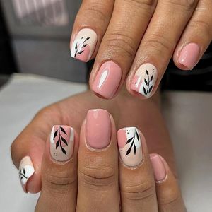 False Nails 24pcs Ink Smudge Pink White Short Fake With Glue Square Head Leaves Detachable Acrylic Press On