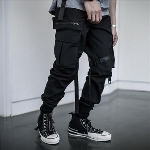 Multi bolso hip hop streetwear preto joggers calças masculinas fita de algodão carga calça elástica cintura199h