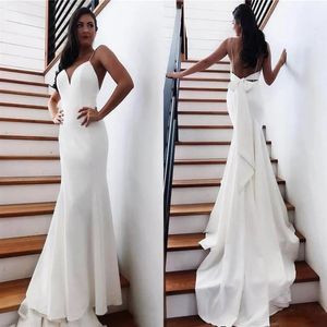 White Wedding Dresses Backless Bridal Gowns Mermaid Trumpet Formal Ivory Custom Plus Size Lace Up Zipper New V-Neck Chiffon Bow Sleeveless
