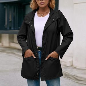 Mulheres Trench Coats Mulheres Outono Inverno Cor Sólida Com Bolsos Chapéu À Prova de Chuva Meia Jaqueta Chuva Leve Zip Up Casaco de Lã