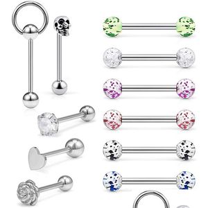 Tongue Rings 13Pcs 14G Surgical Steel Bars Set 16Mm Barbell Piercing With Skl/Flower/Heart/Clear Cz/Glitter Ball Drop Deliver Dhgarden Dhlep