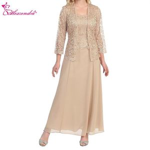 ankle Length Chiffon Champagne Mother of Bride Dress with Lace Jacket two pieces 3 4 sleeves Elegant Prom Dress Plus Size Party Dr253j