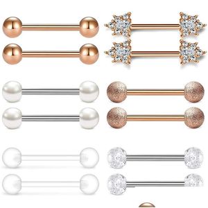 Dil Yüzükleri 14G 14mm 9/16 inç Halka Paslanmaz Çelik Barbell Piercing Bar Kübik Zirkonya 12 PCS Damla Teslim Tüpelleri B DHGARDEN DH3Q4