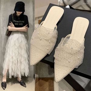 Terlik Baotou Half-Tow Kadın 2023 İlkbahar ve Yaz Peri Tarzı Net Kırmızı Dantel Katır Ayakkabı Örgü Sivri İnci Dış Giyim Sandalet