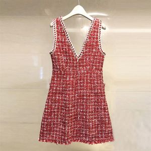 2020 Autumn new women's v-neck sleeveless beading A-LINE tweed woolen short dress plus size S M L276c