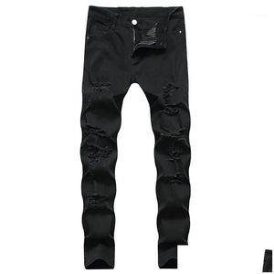 Mens Jeans Black Men New Elasticity Hole Design Lång bomullsmode Högkvalitativ Märke stor storlek Pants Dropship1 Drop Delivery Appare DHZQP