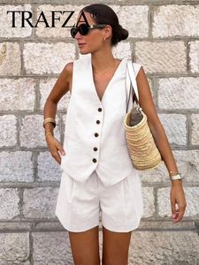 Dresowe dresy damskie Trafza Kobiety setki spodni vintage solidne pojedyncze piersi V kamizelki Slim Slim Fly Fly Shorts Summer Office Lady Suits 2309915