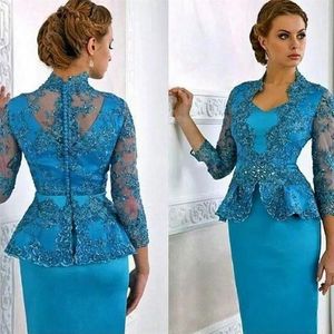 2023 Mother Of The Bride Dresses Modest Sheath Lace Beads With Long Sleeves V Neck Peplum Evening Gowns Tea Length Satin Wedding G2585