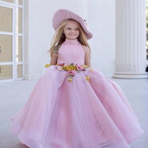 Różowy eelgeant kwiat sukienki Ręcznie Made Tiulle Little Girl Suknie ślubne
