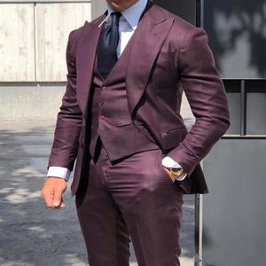 Borgonha 3 peça terno masculino casamento smoking pico lapela noivo smoking moda negócios jantar baile de formatura blazerjaqueta calças gravata colete 179k