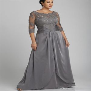 Popular Style Plus Size Gray Mother of the Bride Dress with 3 4 Sleeve Scoop Neck Lace Chiffon Floor Length Formal Gowns Custom305b