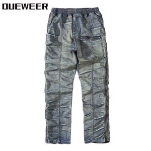 Dueweer vintage nödställda veckade jeans swag streetwear smal fit cyklist jeans män hip hop dubbel sido -blixtlås denim byxa för män304j