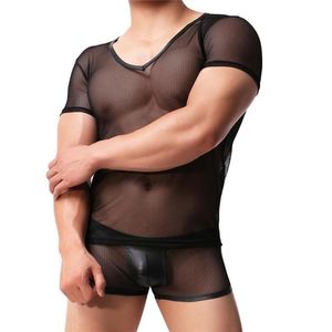 Mens Mesh T-shirt Gym Training Sheer Top Clubwear Sexy Transparent Men Underwear Set Boxers Shorts See Through Sexy Men Clothes286L