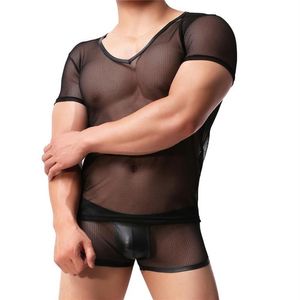 Mens Mesh T-Shirt Spor Salonu Eğitim şefi Top Clubwear Seksi Şeffaf Erkekler İç çamaşırı Set Boksörleri Şort Seksi Erkekler Giysileri 286L