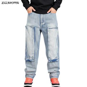 Mäns jeans hiphop retro män ljus blå bred ben 2021 skateboarder slitage tvättade löst denim byxor plus size streetwear222j