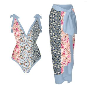 Costumi da bagno da donna stampati floreali 1 pezzo da donna con copricostume senza schienale con scollo a V costumi da bagno Bowknot bikini monokini gonne lunghe avvolgenti Biquini