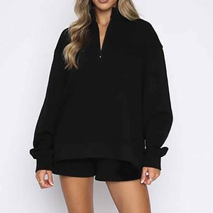 Women's Sleepwear Solid Color Standing Neck Zipper Pullover Sweater Set Long Sleeved With Sports Shorts Household Pajama