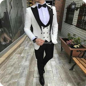 Ny design en knapp elfenbens brudgummen smoking topp lapel groomsmen mens kostymer bröllop prom middag blazer jacka byxor väst slips k255203g