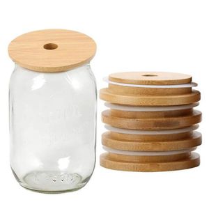 wholesale bamboo lid 70mm 88mm reusable lid for bamboo Mason jar lid with straw hole and silicone seal