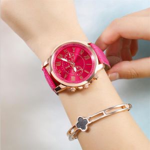 Relógio vermelho três subidiais retrô geneva estudante relógios feminino quartzo tendência relógio de pulso com pulseira de couro239c