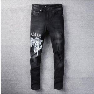 Preto carta anjo impressão jeans magros dos homens jeans magros streetwear calças da motocicleta hip hop homens los hombres207t