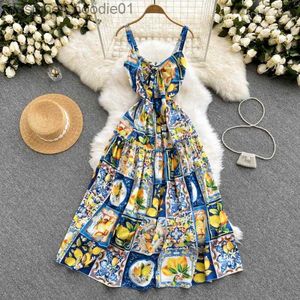 Basic Casual Dresses Summer Casual Dresses women 2023 Fashion Bohemian Long Dresses Vacation Elegant sexy Strap Lemon print plus size L230916