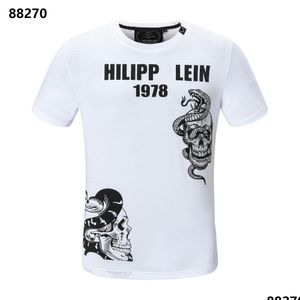 24SS MENS T-Shirts PP Moda Mens Designer Slim Fit Sıradan Rhinestone Kısa Kol Yuvarlak Boyun Gömlek Tee Skls Baskı Sokak Giyim Coll DHB5W