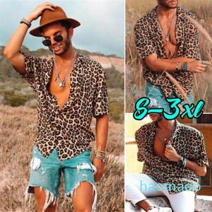 Fashion-Mens Hawaiian Shirt Male Casual Printed Men's Baggy Beach Leopard Print Short Sleeve Button Retro Shirts Tops Blouse 187h