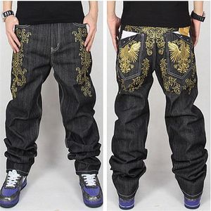 Whole-phoenix Gold Embroidery Men Baggy Jeans Mens Hip Hop Jeans Long Loose fashion Skateboard Baggy Relaxed Fit Jeans For Men2834