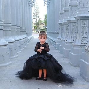 Vestidos florais pretos para meninas, vestidos altos e baixos fofos de princesa para concursos para crianças pequenas, vestido de festa de aniversário294t