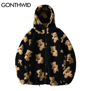 Jaquetas masculinas Gonthwid Fleece Hooded Jackets Streetwear Casual Harajuku Hip Hop Homens Mulheres Moda Urso Impressão Full Zip Casaco Com Capuz Tops Outwear 230915